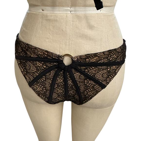 Beach Bunny Black Lace Gold Ring Bikini Bottom Size M Skimpy - Picture 1 of 8